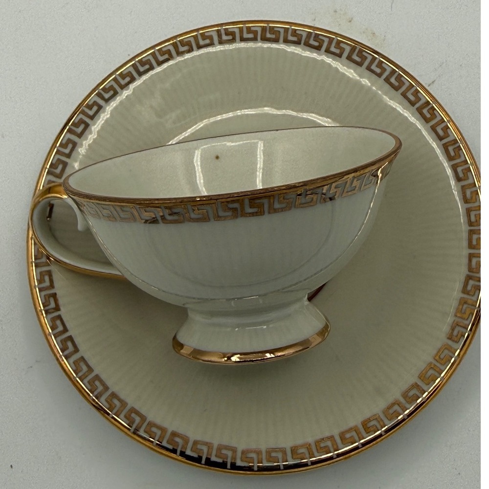 Vintage Greek Key Gold Porcelain Teacup and Saucer Set Painted in Greece Cream